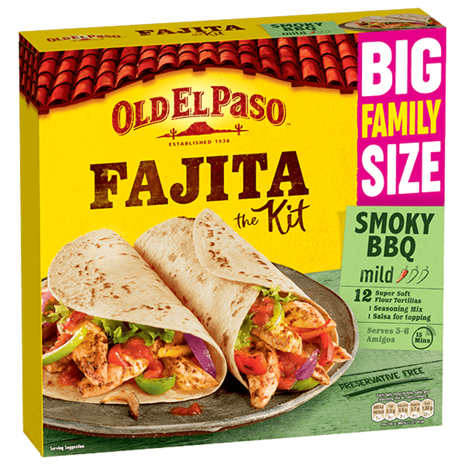 pack of Old El Paso's big family size mild smoky bbq fajita kit containing 12 soft tortillas, seasoning mix & salsa (750g)
